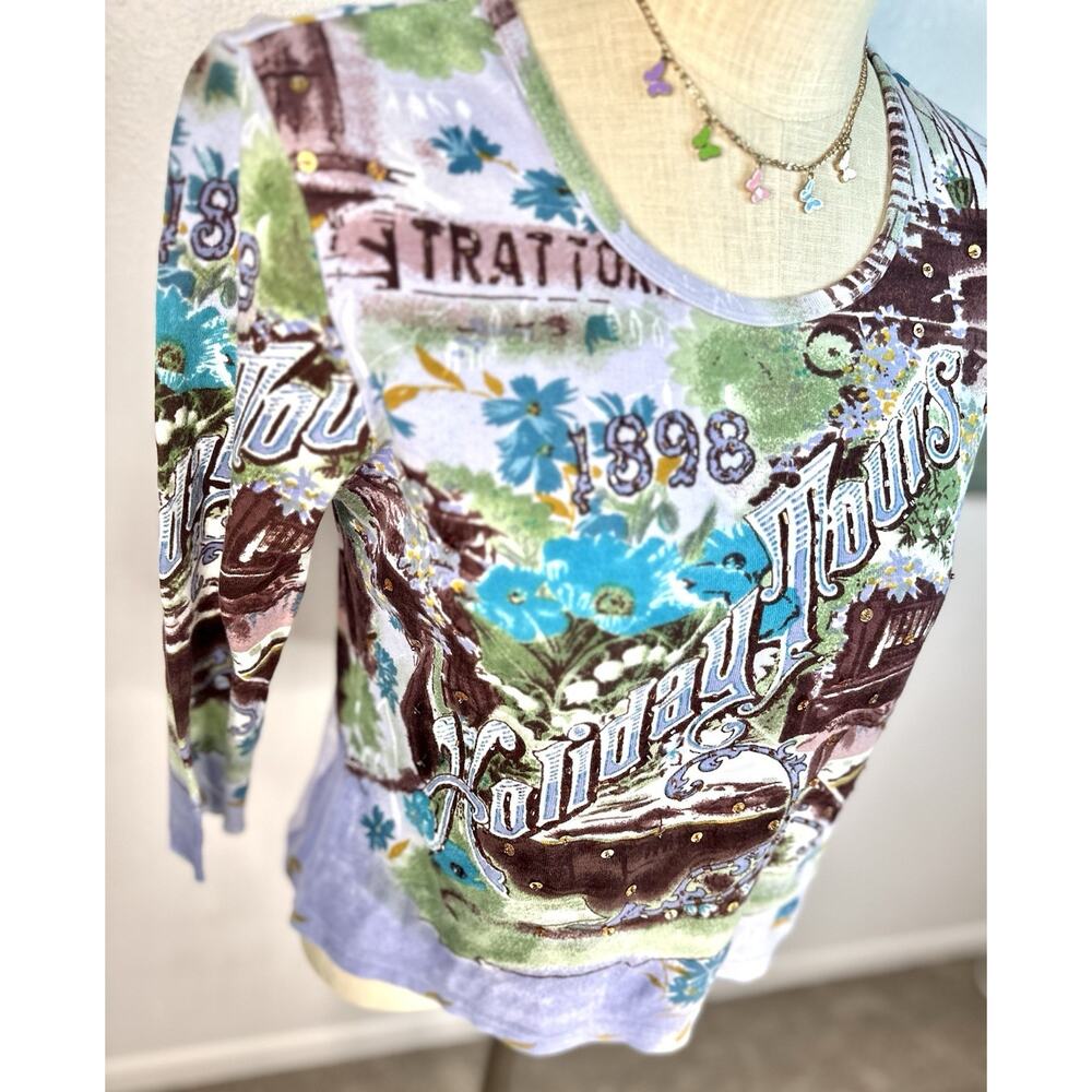 Vtg Y2K Sequin Holiday Tours Boho Themed Cotton Top XL